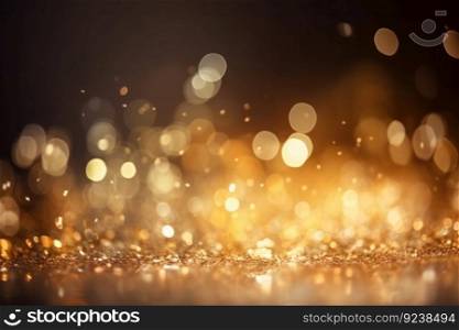 Golden glitter particles on a dark backdrop with abstract Twinkly Lights and metallic texture. Shiny decoration for festive celebration and luxury party. AI Generative.