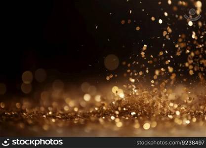 Golden glitter particles on a dark backdrop with bokeh lights and shiny metallic texture. Festive decoration for celebration and luxury gala. AI Generative.
