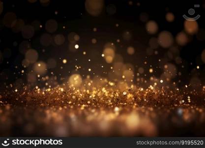 Golden glitter particles on a dark backdrop with defocused abstract Twinkly Lights and shiny texture. Festive decoration for luxury party and celebration. AI Generative.