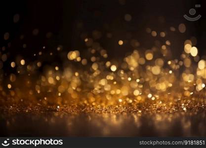 Golden glitter particles on a dark backdrop with shiny metallic texture and bokeh lights. Shiny decoration for festive celebration and glamour party. AI Generative.
