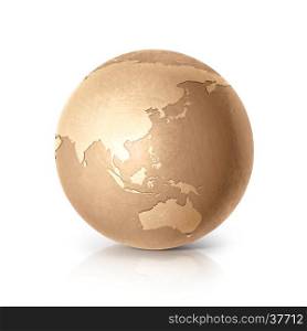 Golden globe 3D illustration Asia & Australia map on white background