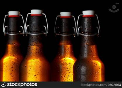 Golden glowing beer bottles on dark background