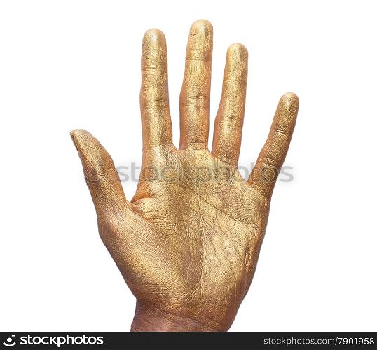 Golden hand isolated on white with clipping path