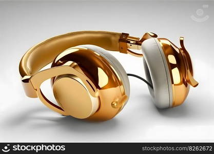 Golden headphones on a white background. Neural network AI generated art. Golden headphones on a white background. Neural network AI generated