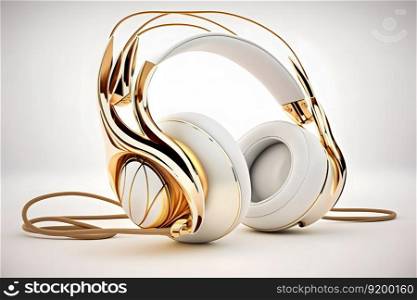 Golden headphones on a white background. Neural network AI generated art. Golden headphones on a white background. Neural network AI generated