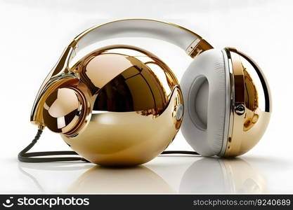 Golden headphones on a white background. Neural network AI generated art. Golden headphones on a white background. Neural network AI generated