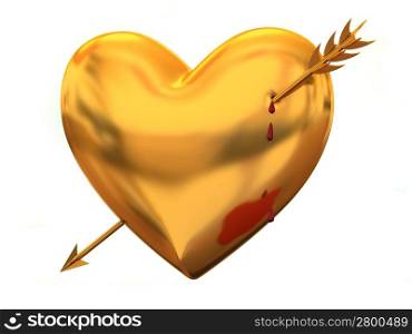 Golden heart with arrow. 3d