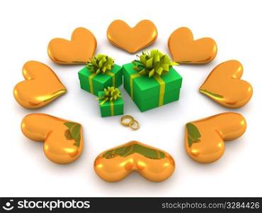 golden hearts around gifts. 3d