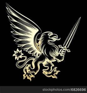 Golden heraldy gryphon with sword. Golden heraldy gryphon with sword on black background. Vector illustration