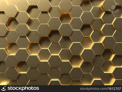 Golden hexagon honeycomb movement background. Gold abstract art and geometric concept. 3D illustration rendering graphic design