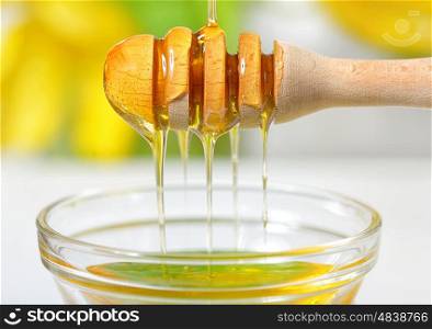 Golden honey dripping from dipper