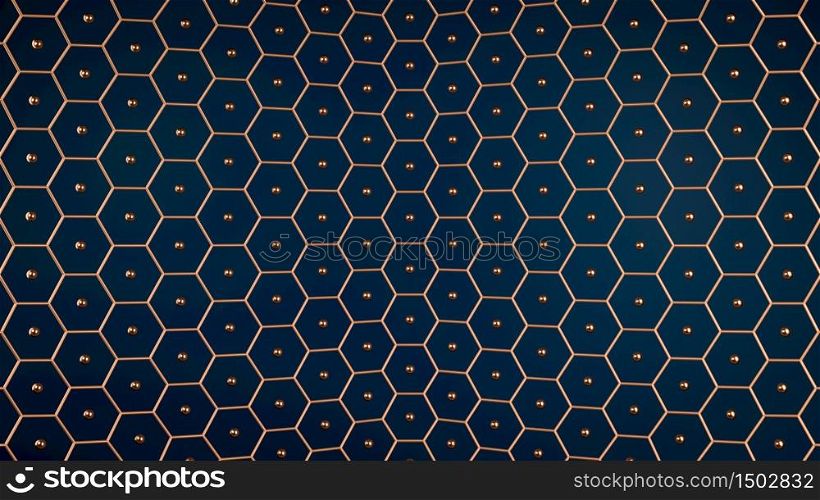 Golden honeycomb grid and spheres over blue backgorund. Copper hexagonal pattern on blue backdrop. Luxurious modern scene. 3d illustration. Golden honeycomb grid and spheres over blue backgorund. Copper hexagonal pattern on blue backdrop. Luxurious modern scene. 3d render