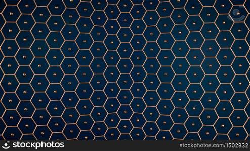 Golden honeycomb grid and spheres over blue backgorund. Copper hexagonal pattern on blue backdrop. Luxurious modern scene. 3d illustration. Golden honeycomb grid and spheres over blue backgorund. Copper hexagonal pattern on blue backdrop. Luxurious modern scene. 3d render
