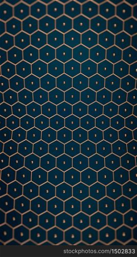 Golden honeycomb grid and spheres over blue backgorund. Copper hexagonal pattern on blue backdrop. Luxurious abstract modern backdrop. 3d illustration. Golden honeycomb grid and spheres over blue backgorund. Copper hexagonal pattern on blue backdrop. Luxurious abstract modern backdrop. 3d render