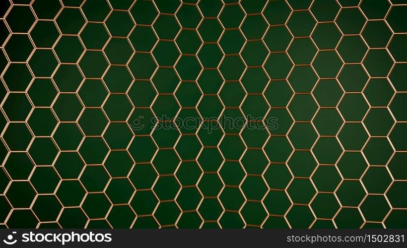 Golden honeycomb grid over blue backgorund. Copper hexagonal pattern on green backdrop. Luxurious modern scene. 3d illustration. Golden honeycomb grid over green backgorund. Copper hexagonal pattern on green backdrop. Luxurious modern scene. 3d render