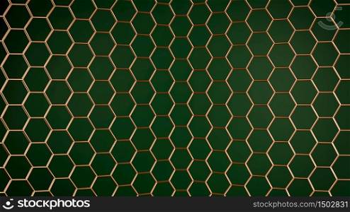 Golden honeycomb grid over blue backgorund. Copper hexagonal pattern on green backdrop. Luxurious modern scene. 3d illustration. Golden honeycomb grid over green backgorund. Copper hexagonal pattern on green backdrop. Luxurious modern scene. 3d render