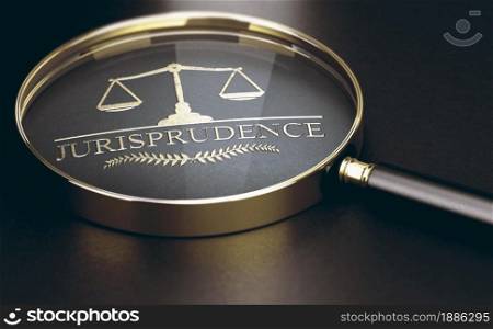 Golden jurisprudence word printed on black background with a magnifying glass covering it. Law concept. 3d illustration.. Jurisprudence or legal theory. Law concept.