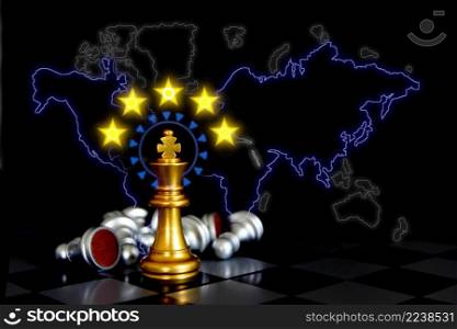 golden king chess with chess pieces lying on board with illustration yellow stars on world map , business strategy world wild concept