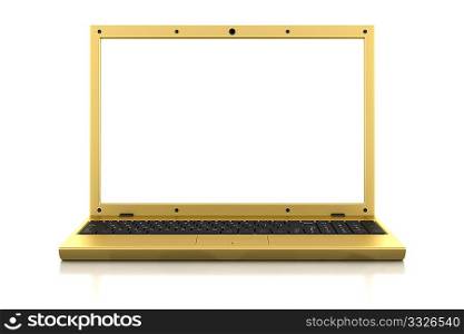 golden laptop with blank screen isolated on white background