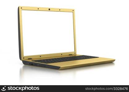 golden laptop with blank screen isolated on white background