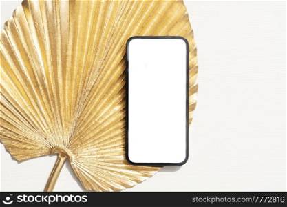 Golden leaves styled stock scene, stylish mock up with copy space on modern phone screen, social media mock up. Golden leaves styled stock scene