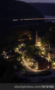 Golden lights of Harpers Ferry after sunset.