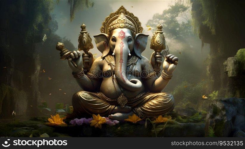 Golden Lord Ganesha sculpture over the dark background. Celebrate Lord Ganesha festival Concept. Generative Ai.