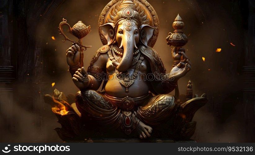 Golden Lord Ganesha sculpture over the dark background. Celebrate Lord Ganesha festival Concept. Generative Ai.