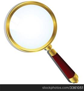 Golden magnifying glass over white background