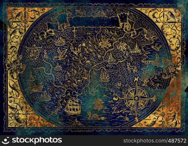 Golden map of fantasy world with dragon, pirate ship, mermaid, elf, goblin on blue. Hand drawn graphic illustration, old transportation background in vintage style