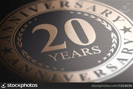 Golden marking over black background with the text 10 years anniversary. Celebration announcement. 3D illustration.. 20th anniversary, golden stamp over black background. Twenty years celebration card