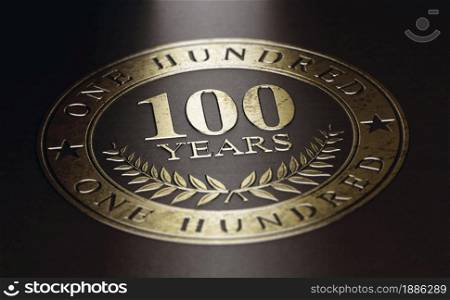 Golden marking over black background with the text 10O years. Concept for a 100th anniversary celebration announcement. 3D illustration.. One hundred years. 100th anniversary celebration.