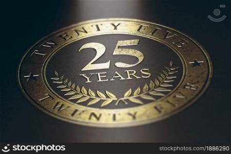 Golden marking over black background with the text 25 years. Concept for a 25th anniversary celebration announcement. 3D illustration.. Twenty five years. 25th anniversary celebration.