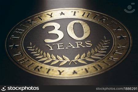 Golden marking over black background with the text 30 years. Concept for a 30th anniversary celebration announcement. 3D illustration.. Thirtieth anniversary. 30 years celebration.