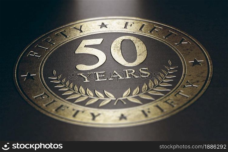Golden marking over black background with the text 50 years. Concept for a 50th anniversary celebration announcement. 3D illustration.. 50 years celebration. Fiftieth anniversary.