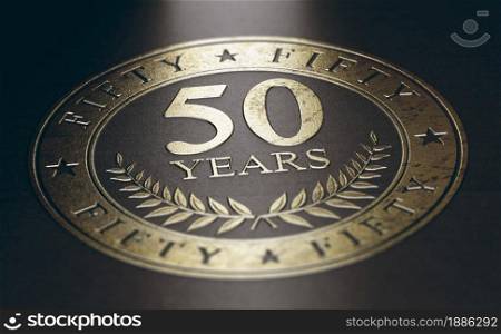 Golden marking over black background with the text 50 years. Concept for a 50th anniversary celebration announcement. 3D illustration.. 50 years celebration. Fiftieth anniversary.