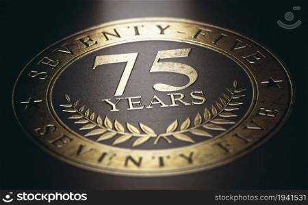 Golden marking over black background with the text 75 years. Concept for a 75th anniversary celebration announcement. 3D illustration.. 75 years celebration. Seventy-fifth anniversary.