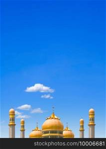 Golden Mosque Domes and Towers against blue sky in vertical frame, symbolic background of islamic religion with copy space for text Ramadan Kareem, Eid al adha, Eid al fitr, Mubarak, new year Muharram