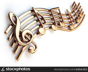 Golden music notes and treble clef on musical strings isolated on white. 3d illustration