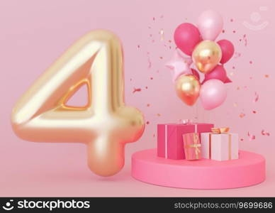 Golden number four on pink background. 4 Years Old. Fourth Birthday Celebration. Girls party. Baby girl celebrates. Special event. Anniversary of the beauty company, women’s business. 3D Render. Golden number four on pink background. 4 Years Old. Fourth Birthday Celebration. Girls party. Baby girl celebrates. Special event. Anniversary of the beauty company, women’s business. 3D Render.