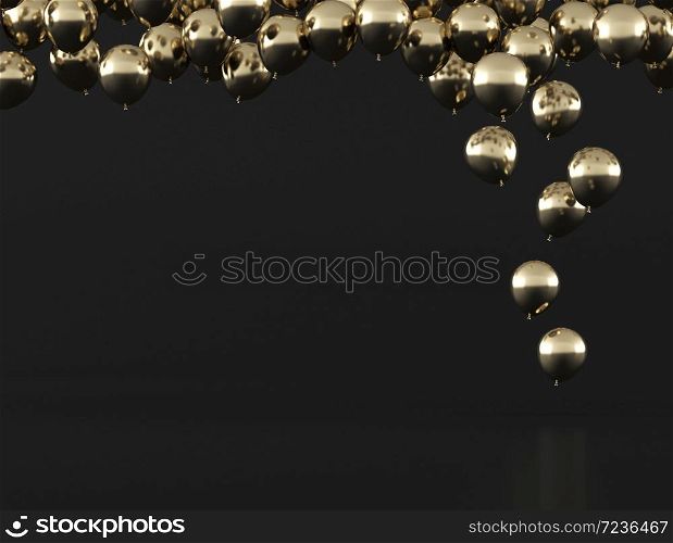 Golden of balloons floating out from the dark floor,minimal style,gift idea, 3D rendering.