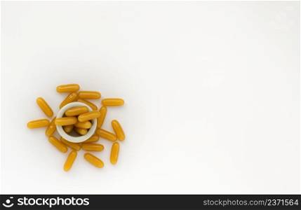 Golden oil capsules in white ceramic cup on white background. Nutritional supplements, Health care concept. Top view, Copy space, Selective focus.