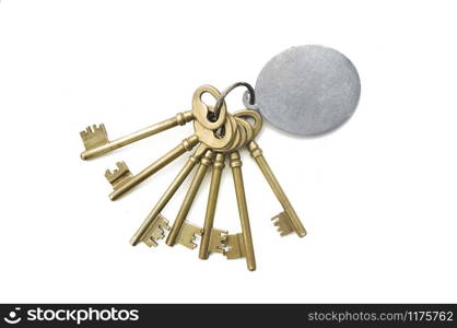 golden old keys in a ring isolated on white background