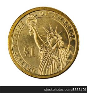 Golden one dollar coin isolated on white