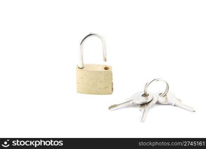golden open padlock with keys isolated on white background