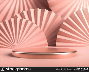 Golden or copper round stage, podium or pedestal over pastel pink and nude paper fans in studio. 3D render. Background or mockup for cosmetics or fashion. Use for product identity, branding and presenting. Place your object or product on pedestal.. Golden or copper round stage, podium or pedestal over pastel pink and nude paper fans in studio. 3D illustration. Background or mockup for cosmetics or fashion. Use for product identity, branding and presenting. Place your object or product on pedestal.