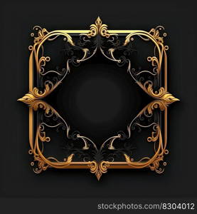 Golden ornamental frame on black bakcground. Retro golden frame with vintage ornament. Generative AI