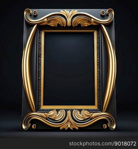 Golden ornamental frame on black bakcground. Retro golden frame with vintage ornament. Generative AI