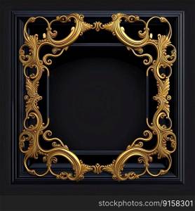 Golden ornamental frame on black bakcground. Retro golden frame with vintage ornament. Generative AI. Golden ornamental frame on black bakcground. Retro golden frame with vintage ornament. Generative AI.