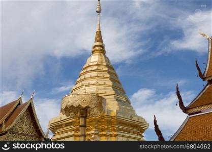 Golden pagoda at Wat Phra That Doi Suthep, Chiang Mai, Popular historical temple for traveling attraction in Thailand.